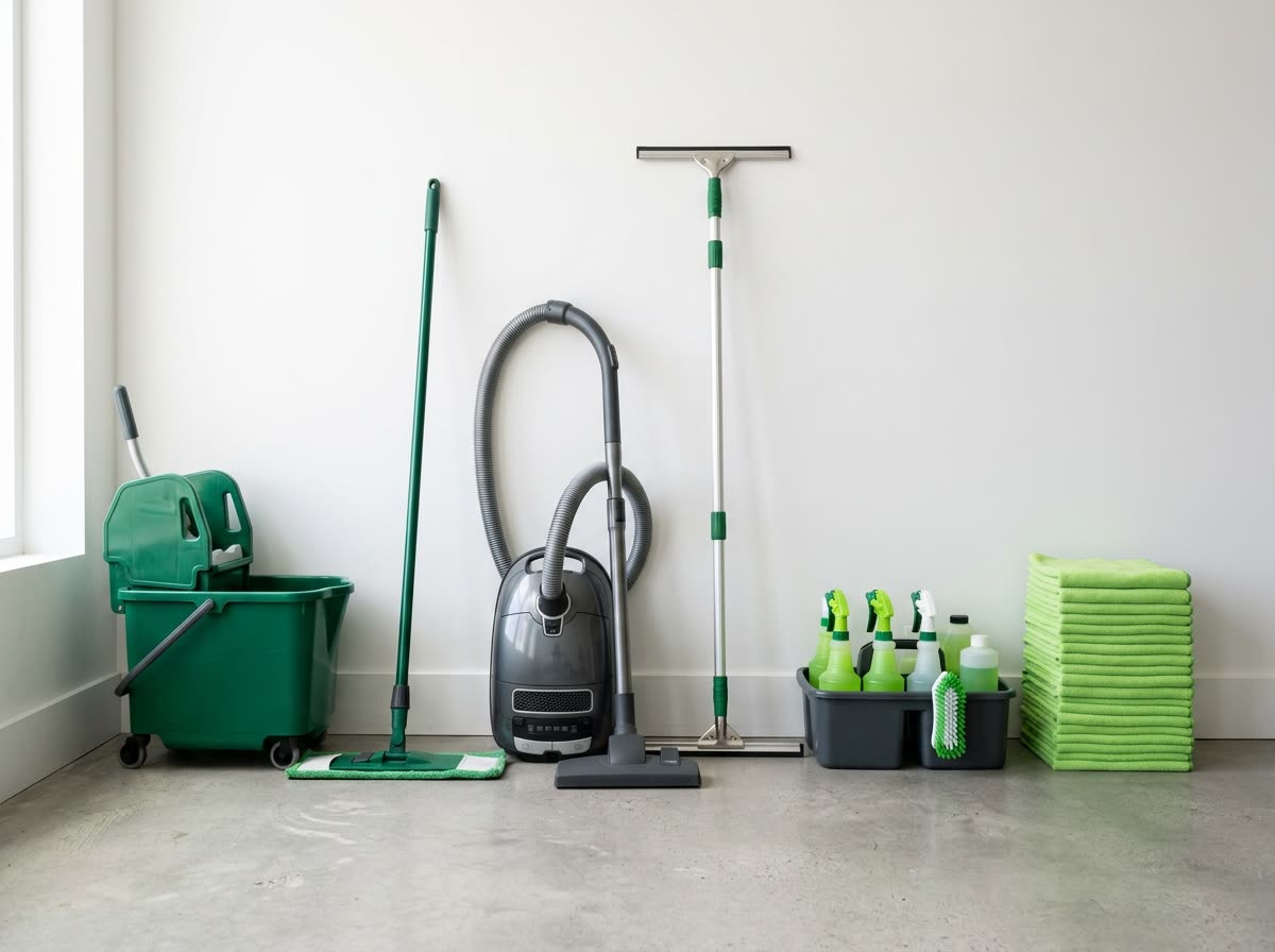 Matériel de nettoyage professionnel Atlas Green Glow aligné et prêt à l'emploi