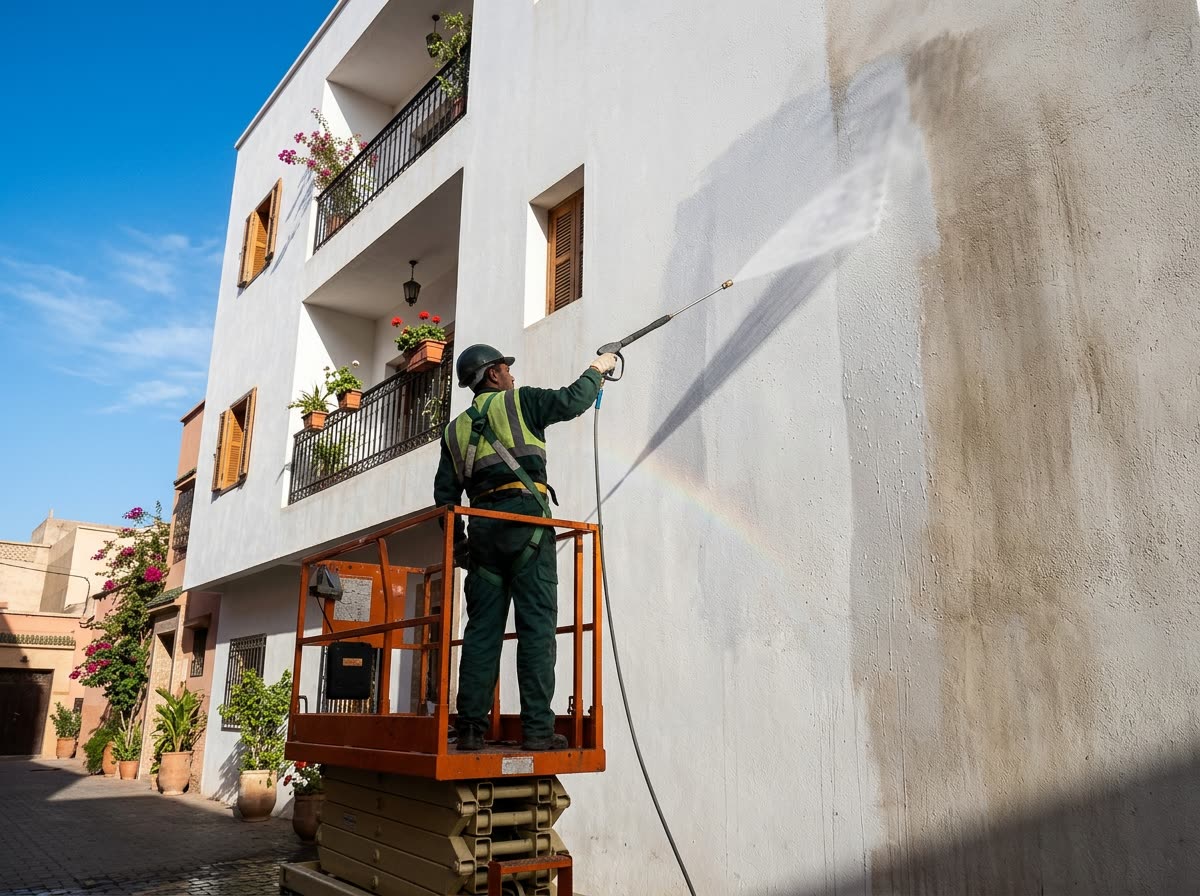 Technicien nettoyant une façade au jet haute pression