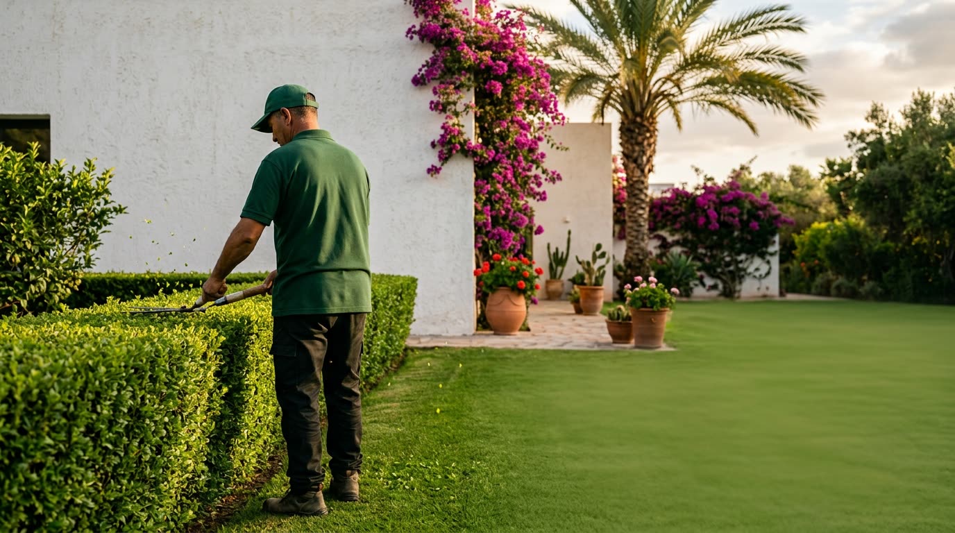 Jardinier Atlas Green Glow taillant une haie à la lumière dorée