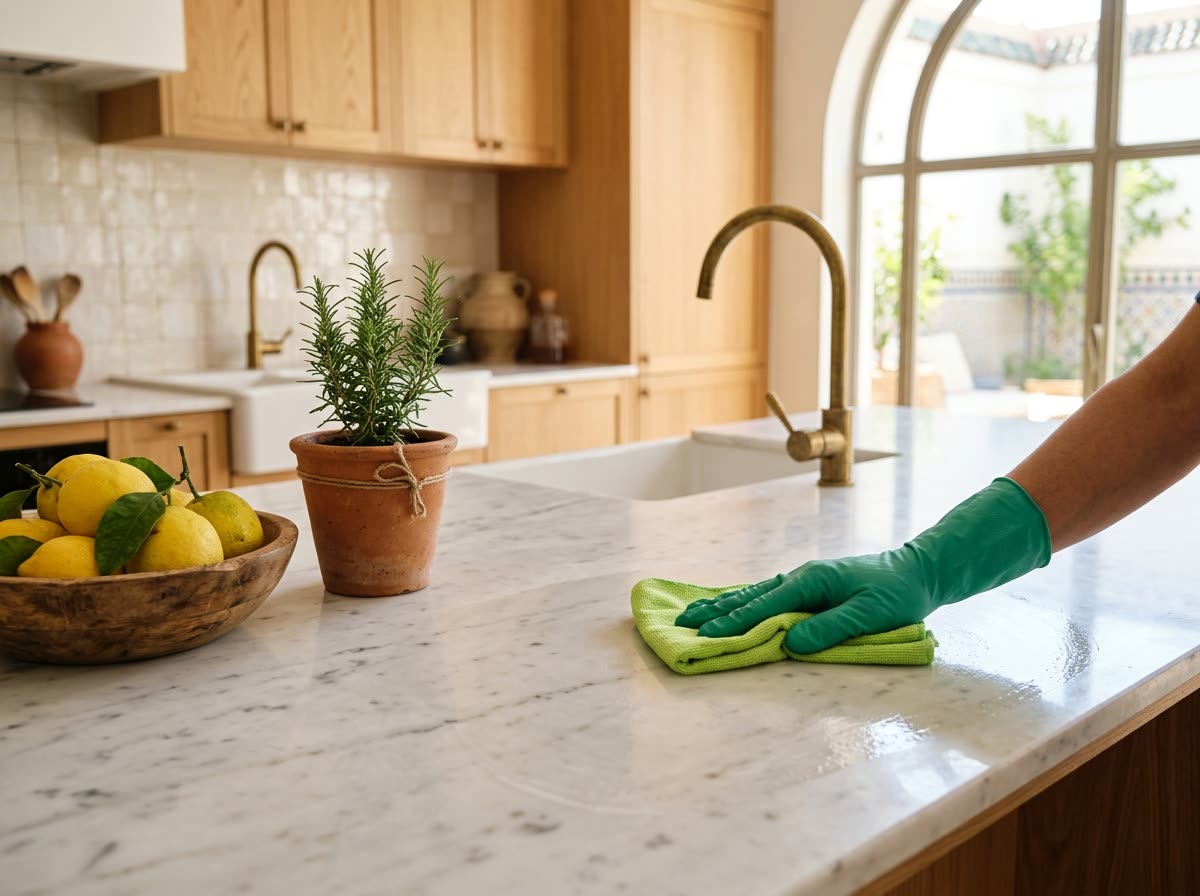 Main gantée nettoyant un îlot de cuisine en marbre avec des citrons frais