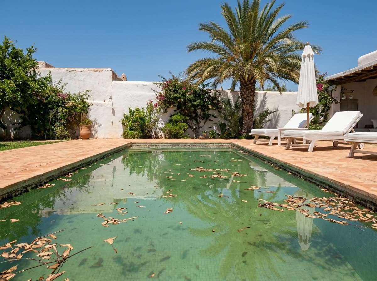 La même piscine avant le nettoyage