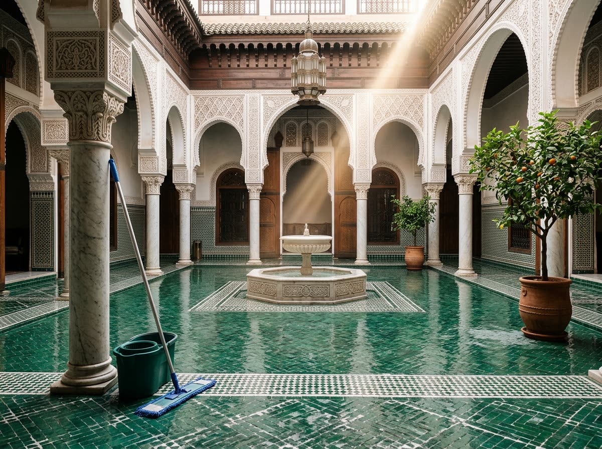Patio de riad marocain au zellige vert avec un sol fraîchement lavé