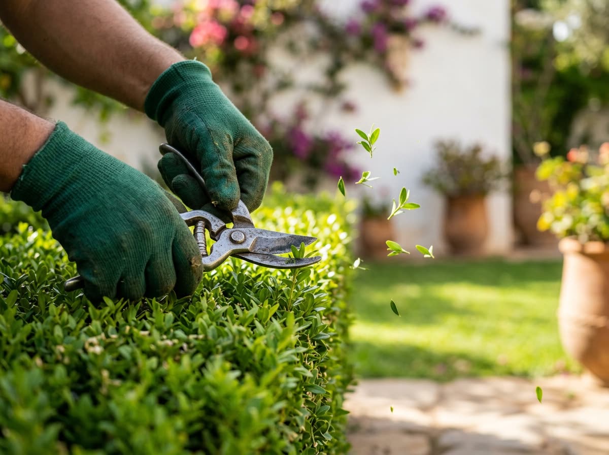 Mains taillant un buis au sécateur