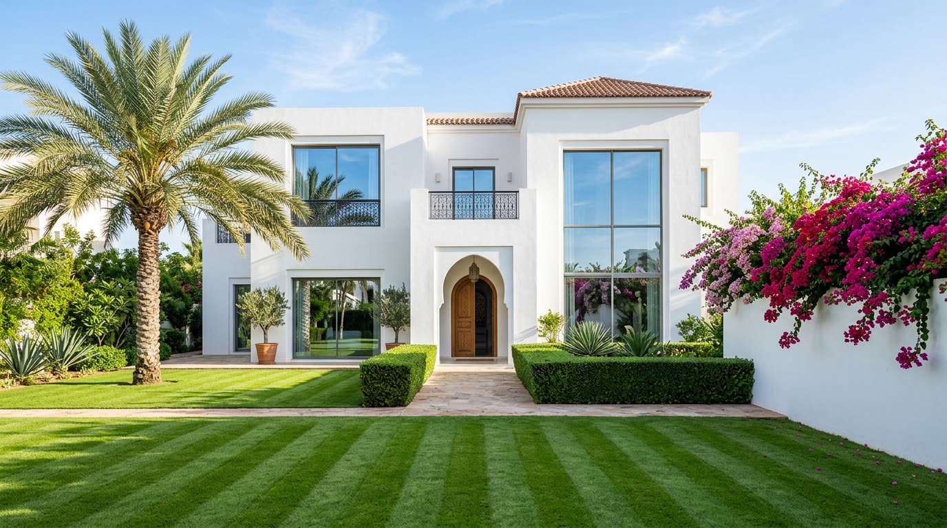 Villa blanche et pelouse entretenue par Atlas Green Glow