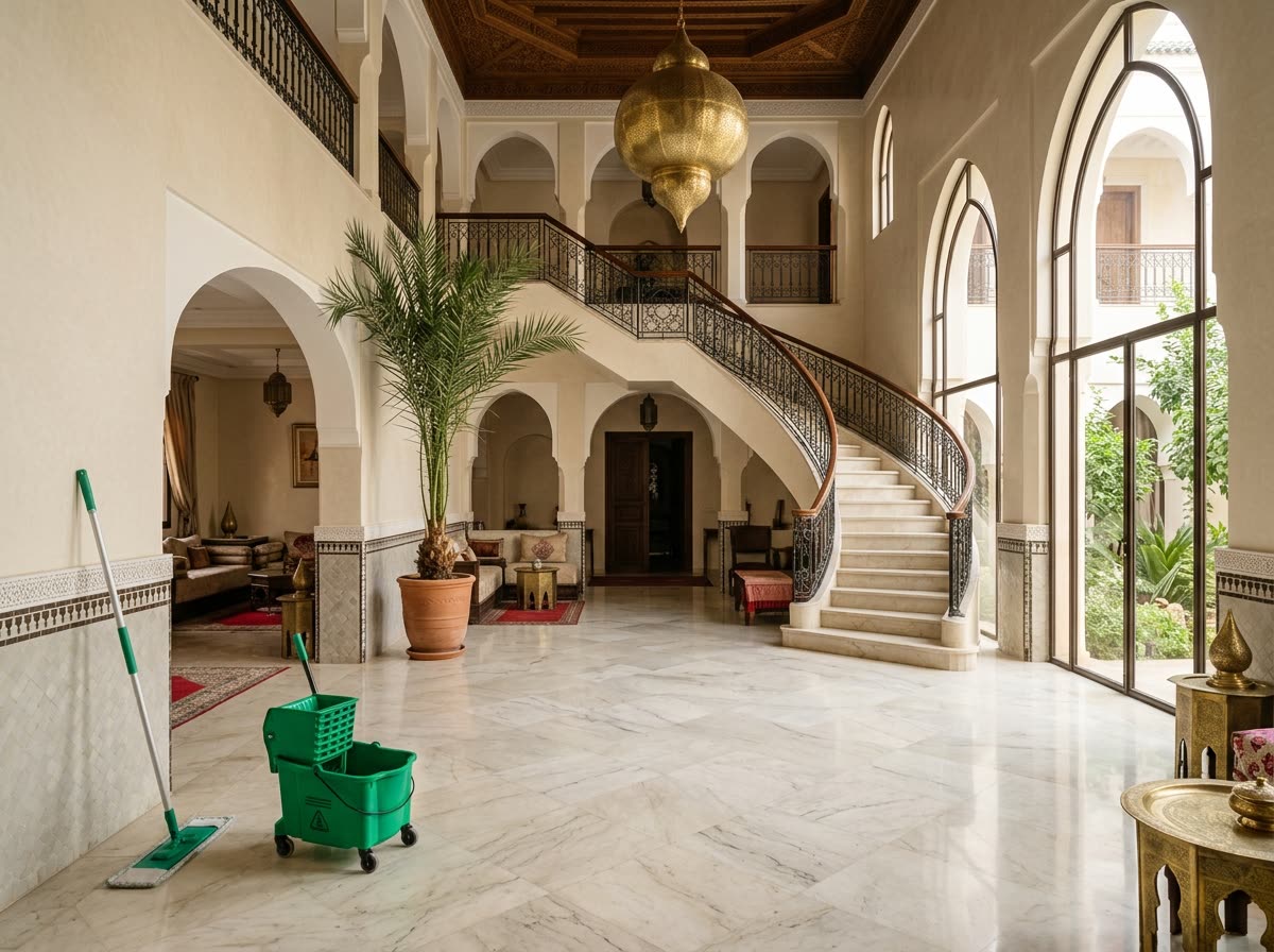 Hall en marbre d'une villa de luxe avec chariot de nettoyage professionnel